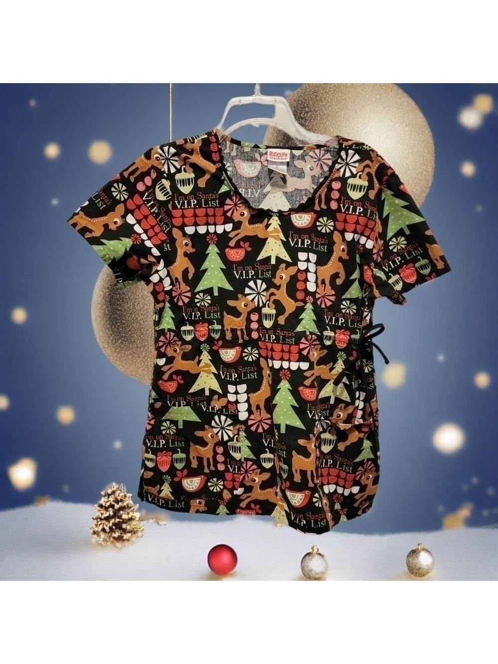 Rudolph Reindeer Santa's VIP List Christmas Scrub top Size M T34